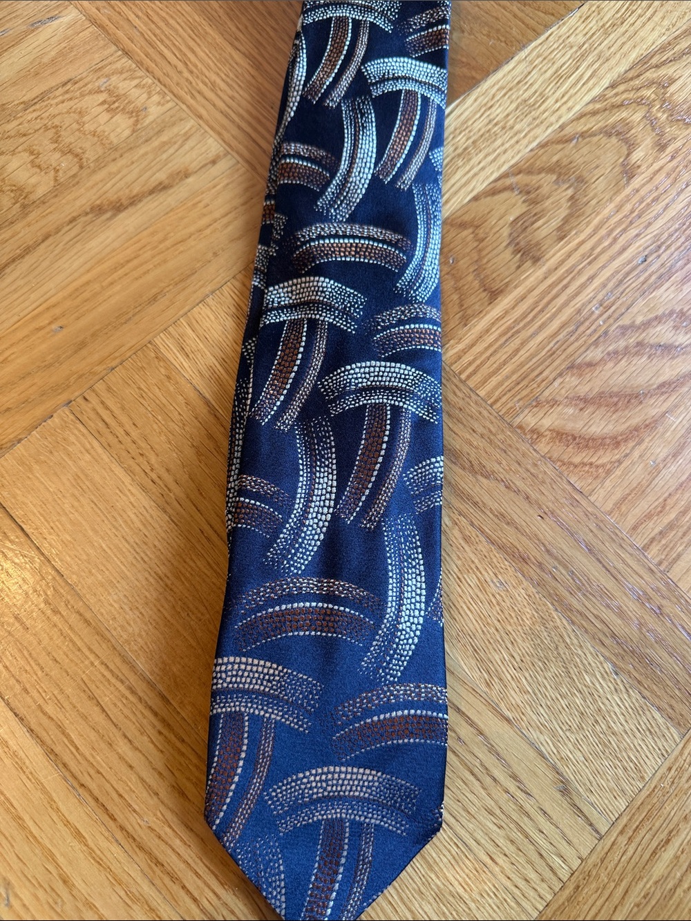 Dries Van Noten Navy Tie with Brown and Silver Arch Pattern
